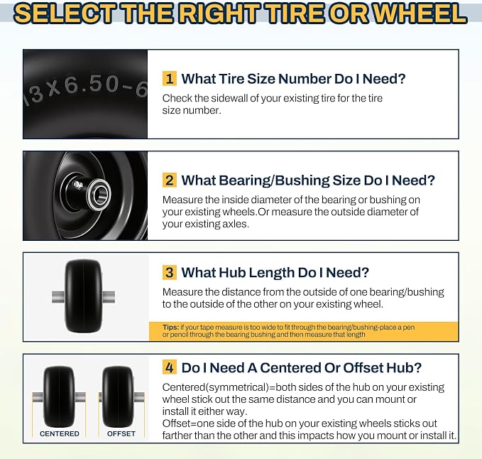 2 PCS 13×6.50-6 Flat Free Lawn Mower Tires and Wheel, Solid Smooth Tread Tire, 13x6.50-6 Zero Turn Mower Front Tires for Commercial Garden Lawn, with 3/4" & 5/8" Bearings, 4"- 8.2" Centered Hub