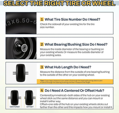 2 PCS 13×6.50-6 Flat Free Lawn Mower Tires and Wheel, Solid Smooth Tread Tire, 13x6.50-6 Zero Turn Mower Front Tires for Commercial Garden Lawn, with 3/4" & 5/8" Bearings, 4"- 8.2" Centered Hub
