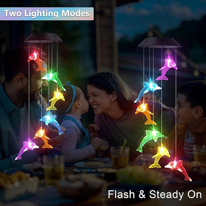 Solar Dolphin Gift for Mom Grandma Girls, Color Changing Wind Chimes for Outside, Solar Outdoor Decorative Mobile Lights for Garden, Yard, Patio, Window, Party, Christmas Decorations