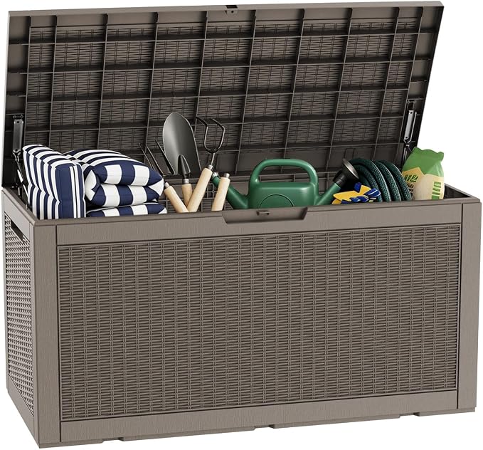 100 Gallon Deck Box, Waterproof Resin Rattan Outdoor Storage Box Lockable for Patio, Fade Resistant Outdoor Side Table & Organizer for Garden Tools, Pool Floats, Outdoor Cushions, Light Coffee