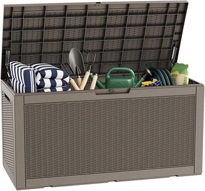100 Gallon Deck Box, Waterproof Resin Rattan Outdoor Storage Box Lockable for Patio, Fade Resistant Outdoor Side Table & Organizer for Garden Tools, Pool Floats, Outdoor Cushions, Light Coffee