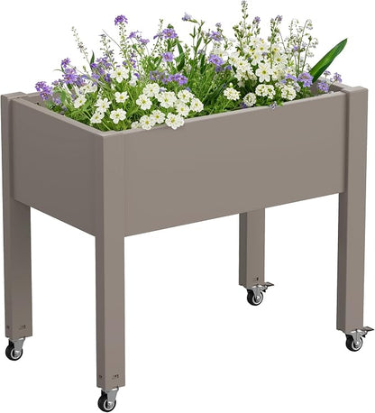 Elevated 26.3" Tall Raised Garden Bed with Wheels - Outdoor Mobile Resin Planter Box with Drainage Holes for Vegetables Flower Herbs, Weather Resistant, Medium Gray (26.3" h)