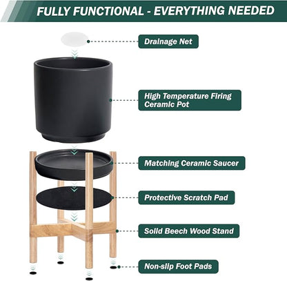 D'vine Dev Ceramic Planter with Natural Stand - 8 Inch Modern Round Flower Pot with Wood Planter Holder, Black, 55-B-N-2