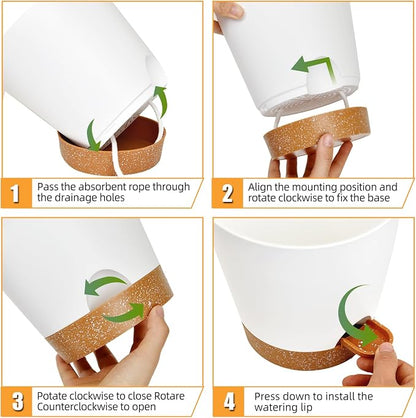 Vanslogreen Planters for Indoor Plants 7/6.5/6/5.5/5 Inch, Self Watering Planters with Drainage Holes and Saucers 5 Pack Plastic Pots for Plants, Succulents, Herbs, Cactus, Flower Pots, White