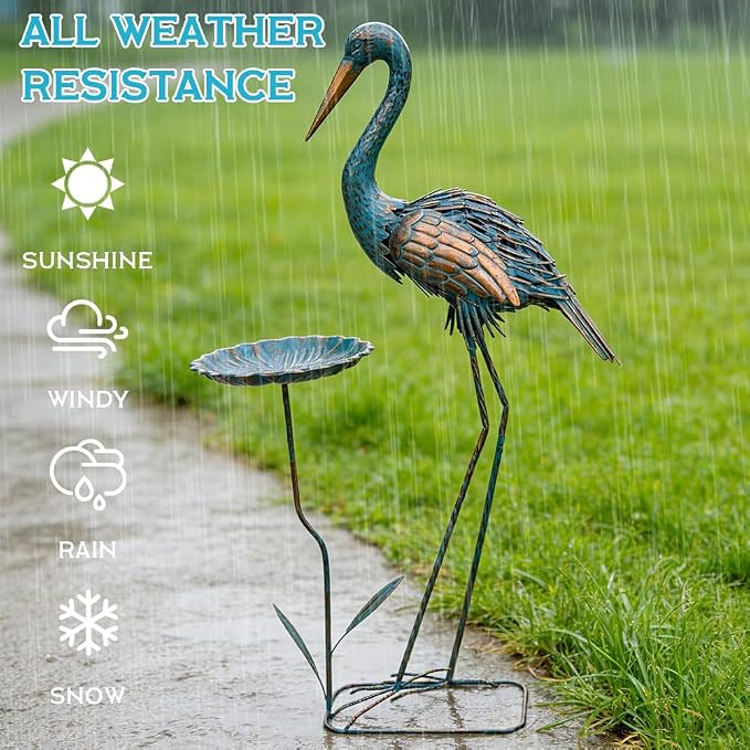 Metal Crane Garden Statue for Outside with Leaf Tray | Large Heron Outdoor Statues, Elegant Crane Yard Art Garden Decor for Garden Yard, Porch