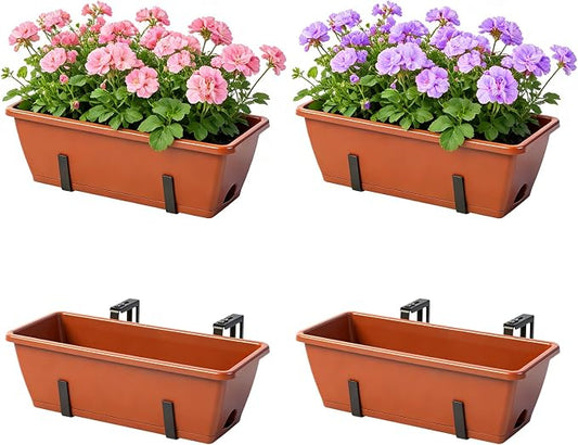 OYEAL Deck Railing Planter Box 4 Pack Window Boxes Planters with Adjustable Brackets 17 Inch Rectangular Hanging Flower Pots Outdoor for Garden Fence Balcony Porch Patio Decor, Red & Black