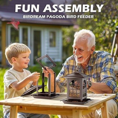 Birdream Bird Feeders for Outdoor Hanging, Assembly Required, 1-Min Easy Setup, Classic Courtyard Design, Attracting Cardinals Chickadees Goldfinches & Sparrows - Brown