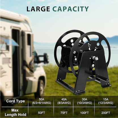 RV Extension Cord Storage Reel, Mountable Metal Reel Frame Holds Up To 200 Feet Of 15A (12/3 AWG), Power Cord Reel with Durable Bearings ＆ Foldable Handle