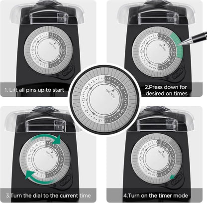G-Homa 24 Hour Mechanical Outdoor Timer Outlet, Outdoor Timer for Lights, Waterproof, 2 Grounded Outlets, 15A 1/2HP, Heavy Duty, ETL Listed (2 Packs)