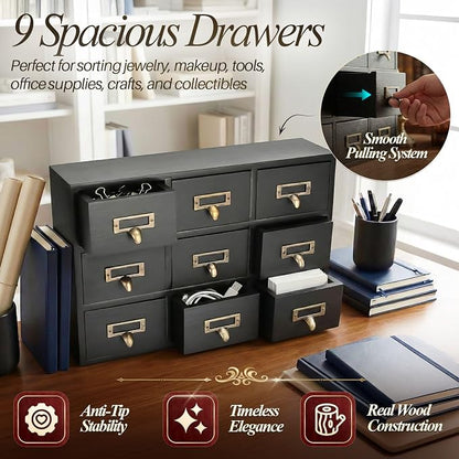 Flexzion Apothecary Cabinet with Drawers - 9 Vintage Drawers, Card Catalog Cabinet, Black Wooden Tabletop Desktop Organizer for Home Office, Jewelry, Makeup, Tools & Small Item Storage