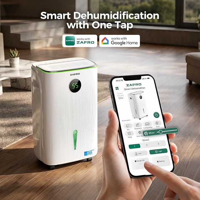 ZAFRO 150 Pints Smart Dehumidifier with Drain Hose Up to 7500 Sq.Ft, 2.11 Gal Large Water Tank, Most Efficient Energy Star 6.0, WiFi Enabled, 6 Modes, Auto Humi, Basement Bedroom Bathroom Dehumidifier