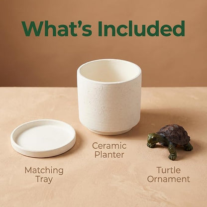Nihow Ceramic Plant Pot with Resin Figure/Drainage Hole & Saucer,5.7 Inch | White, Cylinder Planters, Art Modem Design, Home Garden Patio Office