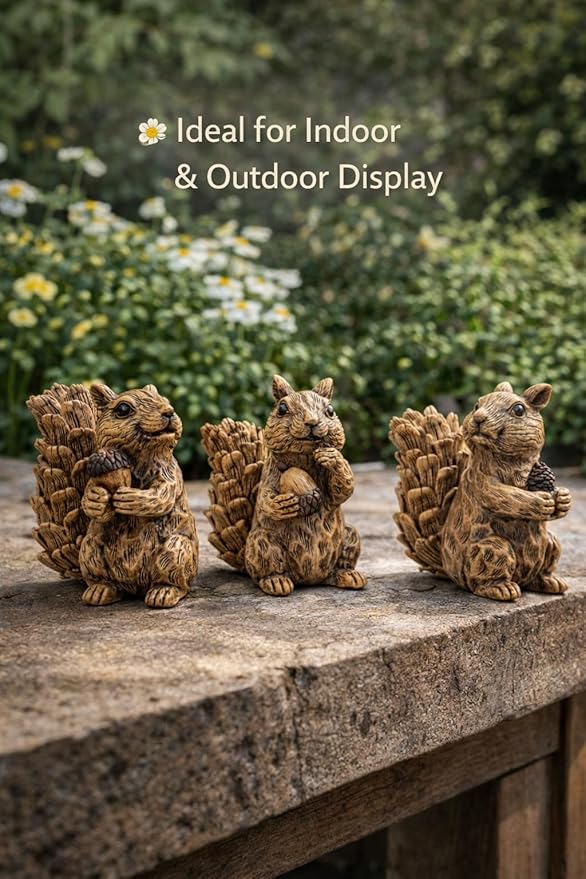 iStatue Set of 3 Resin Squirrel Figurines, Hand-Painted Woodland Animal Decor, Nature-Inspired Tabletop Statues for Home, Garden, Shelf & Gift for Women Mom Dad Girl Boy (Small)