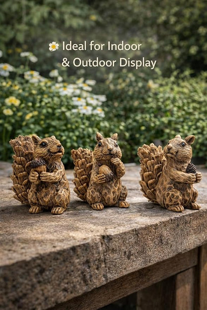 iStatue Set of 3 Resin Squirrel Figurines, Hand-Painted Woodland Animal Decor, Nature-Inspired Tabletop Statues for Home, Garden, Shelf & Gift for Women Mom Dad Girl Boy (Small)