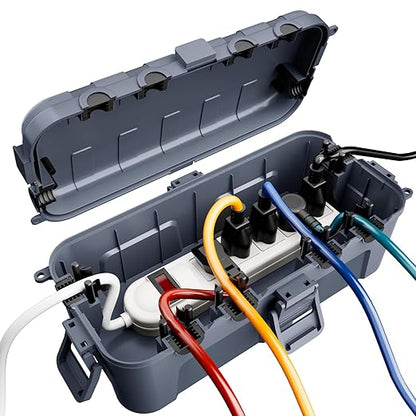 RESTMO Outdoor Electrical Box, IP54 Weatherproof Extension Cord Cover with 6 Cable Entry Ports, Waterproof Connection Box Protect Power Strip, Timer, Plug, Holiday Lights, (11.5x5.2x4 inch), Gray