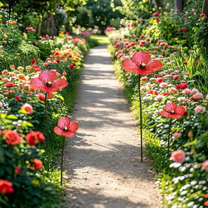2 Pack Art Deco Metal Poppy Garden Stakes, Iron Flower Decorative Garden Stakes for Outdoor, Flower Theme for Patio, Pathway, Yard and Garden Decor (Red)