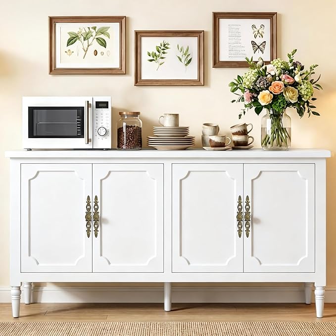 RoyalCraft Buffet Cabinet with Storage, 59" Vintage Sideboard with Adjustable Shelves, Mid Century Modern Painted Credenza Coffee Bar for Kitchen, Dining Room, Entryway, Living Room, Satin White