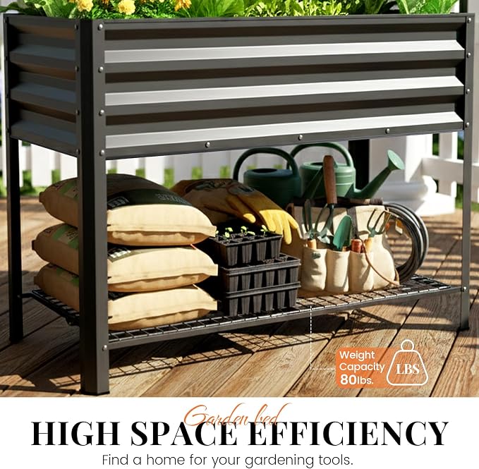 KING BIRD Large Raised Garden Bed with Legs & Storage Shelf Galvanized Elevated Planter Box for Backyard, Patio, Balcony, 400lb Capacity, Dark Grey 48×24×31.5 in