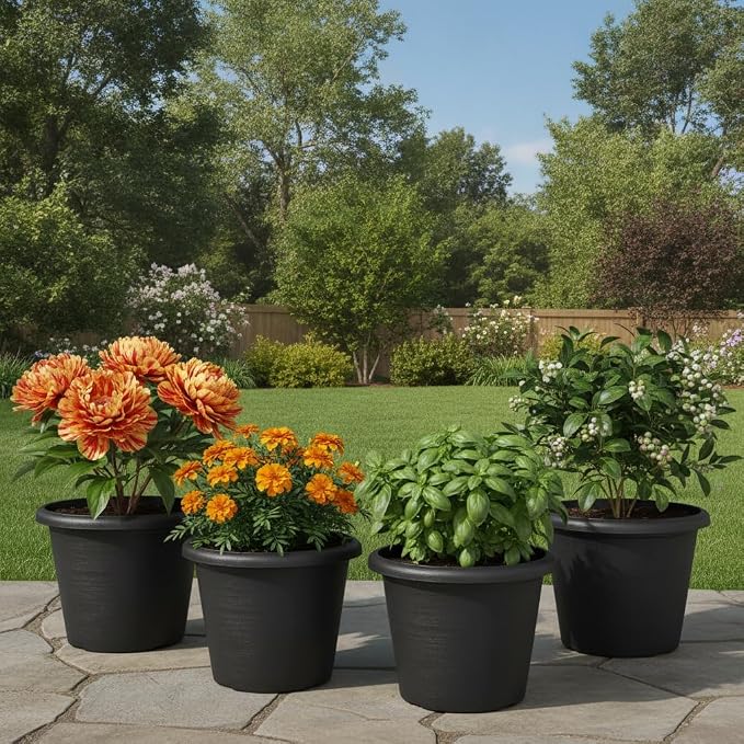 4 Pack 14 Inch Plastic Planter Pots with Drainage Holes - Heavy Duty 20L Capacity Large Outdoor Planters for Planting Medium Large Plants, Raised Base, Cement Textured Garden Container Flower Pots