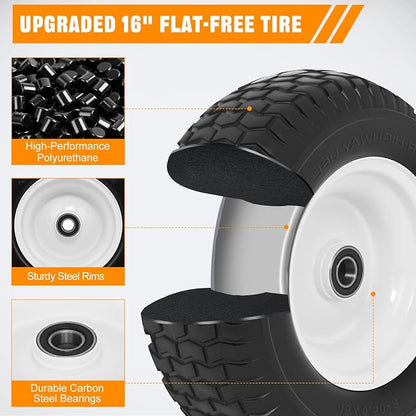 Yesker 16x6.50-8 Flat Free Lawn Mower Tire and Wheel Assembly with 1" Bearing Bore, 16x6.50-8nhs Solid Riding Lawnmower Tires with 3" Center Hub, 2 Pack