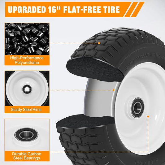 Yesker 16x6.50-8 Flat Free Lawn Mower Tire and Wheel Assembly with 1" Bearing Bore, 16x6.50-8nhs Solid Riding Lawnmower Tires with 3" Center Hub, 2 Pack