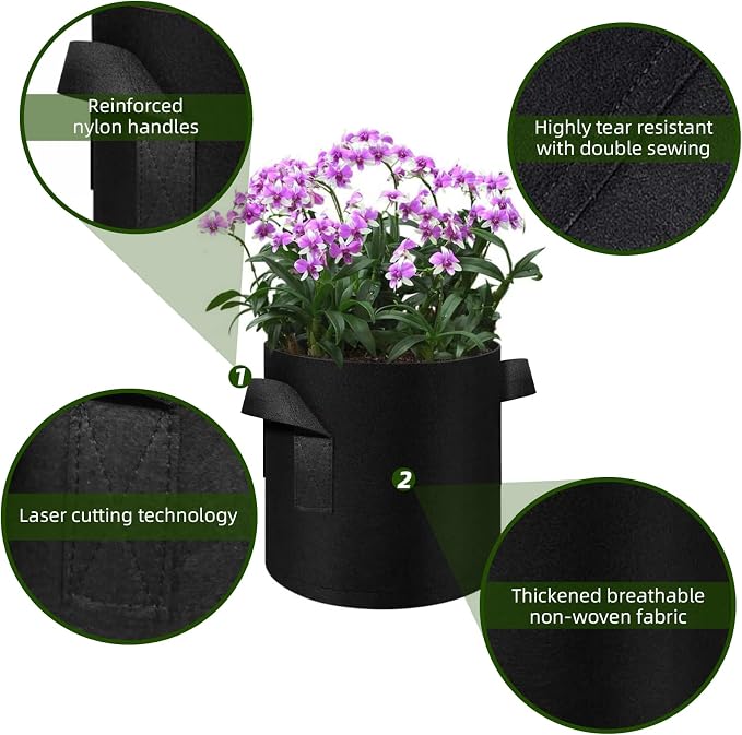 24 Pack 3 Gallon Plant Grow Bags, Thickened Nonwoven Fabric Pots with Handles, Vegetable Planter Bags Containers, Cloth Planters for Garden Vegetable/Flower/Plant/Fruits Outdoor (Black)