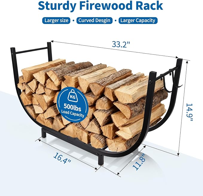 Firewood Rack Outdoor w Thicken Cover, 35 Inch Indoor Firewood Rack - Stable Curved Firewood Storage Heavy Duty & Rustproof Metal Firewood Holder w Hook for X-mas Decorations or Tools Nearby Fireplace