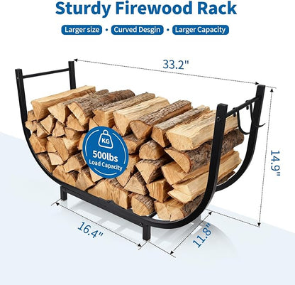 Firewood Rack Outdoor w Thicken Cover, 35 Inch Indoor Firewood Rack - Stable Curved Firewood Storage Heavy Duty & Rustproof Metal Firewood Holder w Hook for X-mas Decorations or Tools Nearby Fireplace