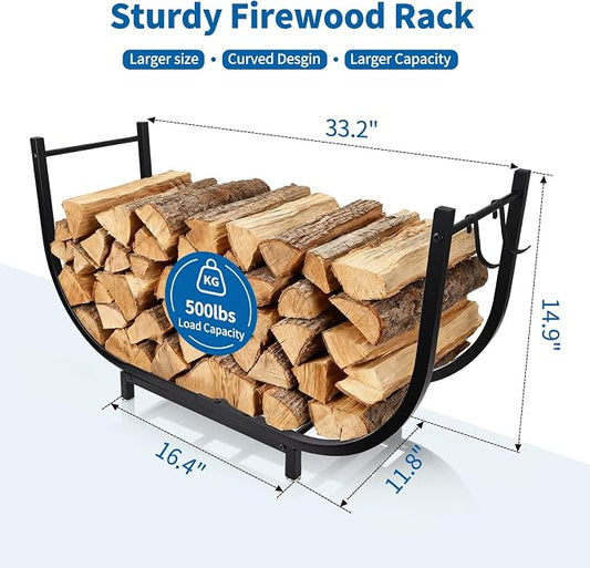 Firewood Rack Outdoor w Thicken Cover, 35 Inch Indoor Firewood Rack - Stable Curved Firewood Storage Heavy Duty & Rustproof Metal Firewood Holder w Hook for X-mas Decorations or Tools Nearby Fireplace