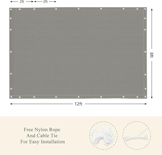 90% Outdoor Sun Shade Cloth, 8' x 12', Pergola, Deck, and Backyard Patio Sunshade with UV Protection, Heat Resistant HDPE Material, Reinforced Grommets (8x12 FT, Grey)