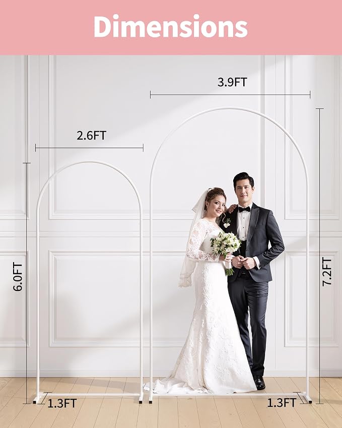 Pureegg Metal Arch Backdrop Stand Set - Set of 2 (7.2ft/6.0ft), White Wedding Stand with Stable Base, Elegant Backdrop Cover for Party, Birthday, Baby Shower, Graduation, Easy to Assemble