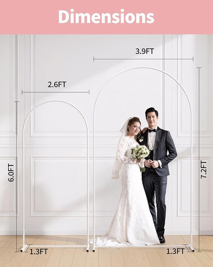Pureegg Metal Arch Backdrop Stand Set - Set of 2 (7.2ft/6.0ft), White Wedding Stand with Stable Base, Elegant Backdrop Cover for Party, Birthday, Baby Shower, Graduation, Easy to Assemble