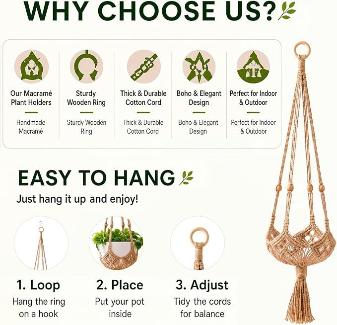 Shappy 2 Pack Boho Macrame Plant Hanger, Large Hanging Planter Plant Holder Pot Hanger Hanging Basket Wall Planters, Plants Lover Gift for Indoor Garden (Wooden Ring and Wooden Beads,Jute Color)
