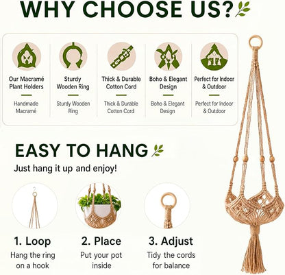 Shappy 2 Pack Boho Macrame Plant Hanger, Large Hanging Planter Plant Holder Pot Hanger Hanging Basket Wall Planters, Plants Lover Gift for Indoor Garden (Wooden Ring and Wooden Beads,Jute Color)