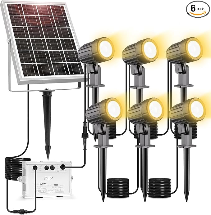 CLY 6 in 1 Solar Spot Lights Outdoor Solar Landscape Lights 2700K WarmWhite | IP66 Waterproof 59.06ft Cable Auto On/Off Garden Floodlight for Yard Lawn Tree Statue Pathway Decoration