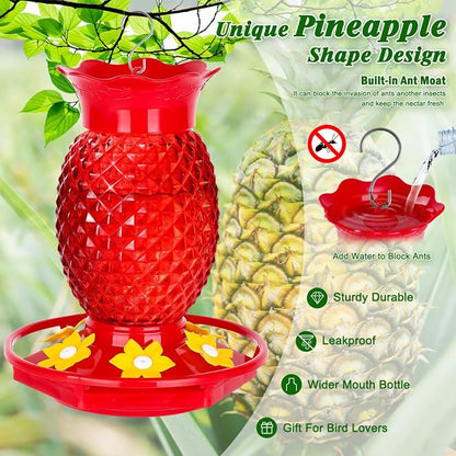 Fchstaer Glass Hummingbird Feeders for Outdoors Hanging 16oz 2 Pack Red Pineapple Bee & Ant Proof 360°Perch Leakproof Easy Clean with 6 Feeding Ports Gifts for Mom