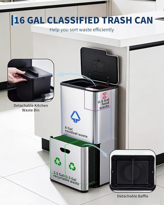 GarveeHome 16 Gallon Dual Trash Can for Kitchen, 2 Compartment Stainless Steel Garbage Can, 33L+28L Kitchen Recycling Bin with Compost Caddy, Removable Inner Bucket & Odor Control, Silver