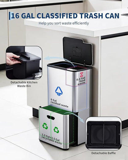 GarveeHome 16 Gallon Dual Trash Can for Kitchen, 2 Compartment Stainless Steel Garbage Can, 33L+28L Kitchen Recycling Bin with Compost Caddy, Removable Inner Bucket & Odor Control, Silver