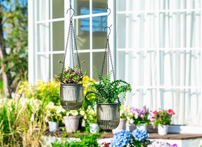 Josteve 4.5 Inch 2 Pcs Self Watering Hanging Planter Indoor Plant Pots Drainage Holes, Outdoor Small Hanging Planters Flower Pot Basket, Visible Water Level, Plant Hanger Home Decor, Gardening