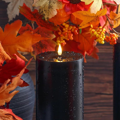 Waterproof 4" x 12" Flameless LED Remote Candles, Battery Operated Flickering Fake Timer Pack of 2 Tall Large Plastic Black Pillar Lasting 420 Hrs Outdoor Candles for Halloween Festival