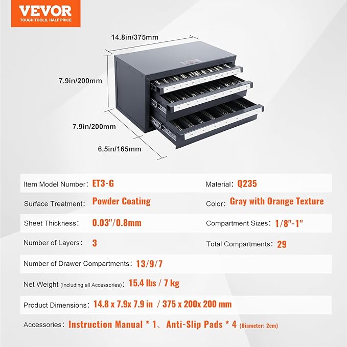 VEVOR End Mill Dispenser - Three-Drawer End Mill Organizer Cabinet, Cold Rolled Steel, Fractional Sizes 1/8" to 1"