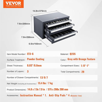 VEVOR End Mill Dispenser - Three-Drawer End Mill Organizer Cabinet, Cold Rolled Steel, Fractional Sizes 1/8" to 1"