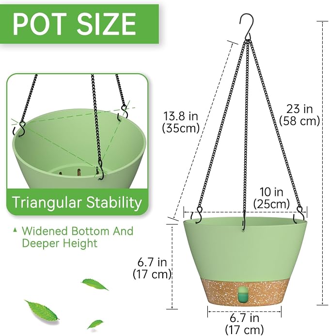 ZMTECH 2 Pack 10 Inch Hanging Baskets for Plants Outdoor Indoor, Modern Green Planters with Water Level Window & Metal Chain for Balcony Patio Garden Home Decor