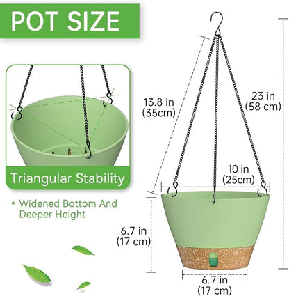 ZMTECH 2 Pack 10 Inch Hanging Baskets for Plants Outdoor Indoor, Modern Green Planters with Water Level Window & Metal Chain for Balcony Patio Garden Home Decor