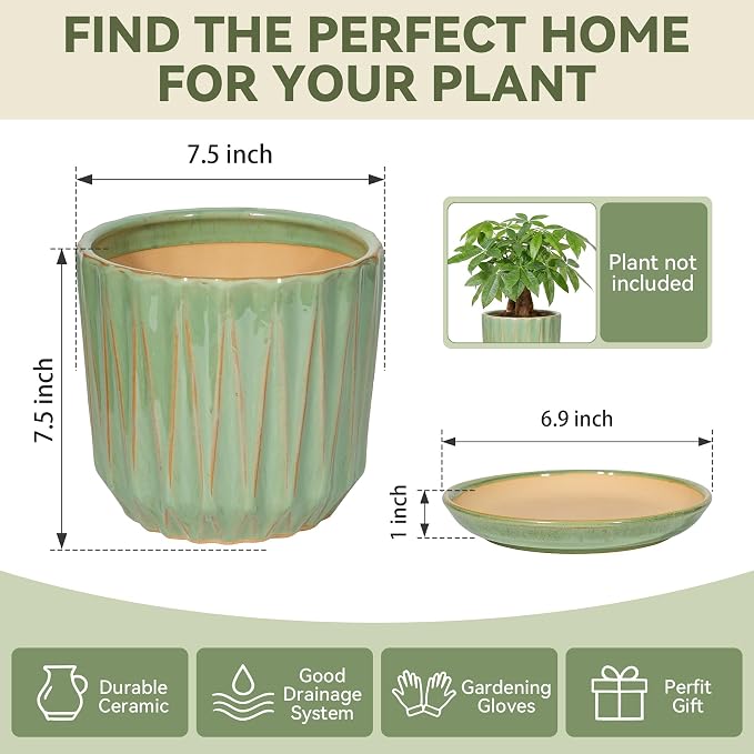 7.5 Inch Ceramic Planter Pot with Saucer Drainage Leak-Proof Mesh,Flower Pots for Indoor Plants with Gardening Gloves,Ceramic Planter(Light Green)