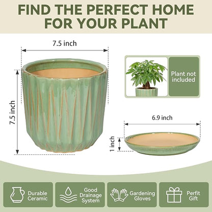 7.5 Inch Ceramic Planter Pot with Saucer Drainage Leak-Proof Mesh,Flower Pots for Indoor Plants with Gardening Gloves,Ceramic Planter(Light Green)