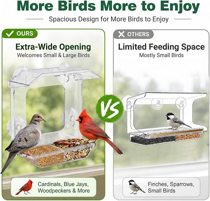 Window Bird Feeder with 4 Extra Strong Suction Cups (2.5 Inch) | Clear Bird Feeder with Dual Seed Tray, Easy to Install and Clean, Birdfeeder for Close-Up Viewing Birds, Bird Watching Gift