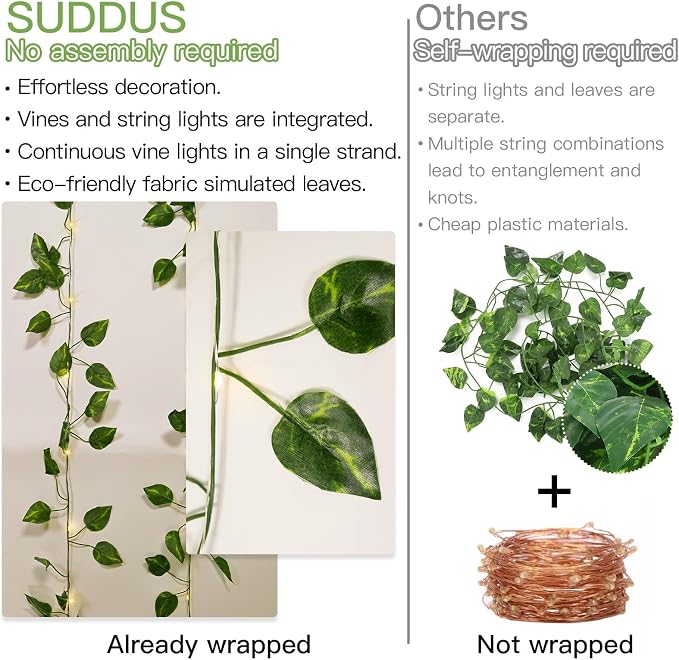 suddus Vine with Fairy Lights Battery Operated, 33ft100 LED Pothos String Lights with Remote, Leaf Lights for Bedroom, Room, Wall, Garden, Party, Wedding Dorm Decor(Warm White)