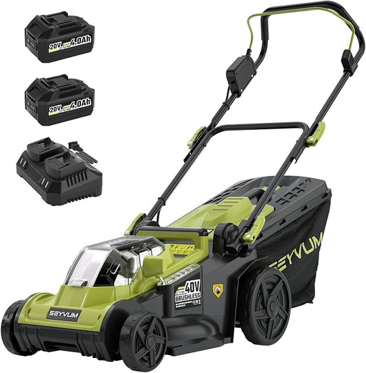 SEYVUM 40V 16-inch Cordless Lawn Mower with 45L Grass Collection Bag, 6 Position Height Adjustment Electric Lawn Mower, 2 x 20V 4.0Ah Battery Powered Push Lawnmower, 2.4A Fast Charger Included, Green