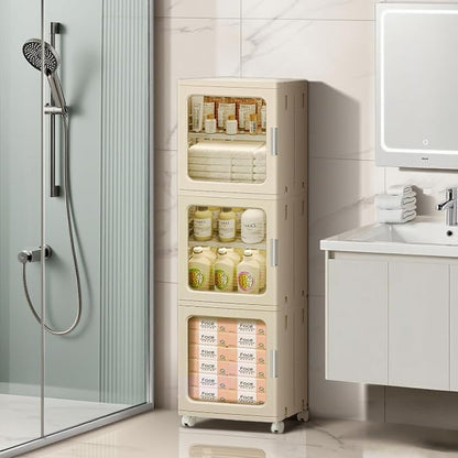 3-Tier Slim Bathroom Storage Cabinet for Small Space,Beige | Quick Assembly,Foldable,Plastic Organizers,Magnetic Doors,Adjustable Shelves,Narrow Storage Cabinet,Wheels